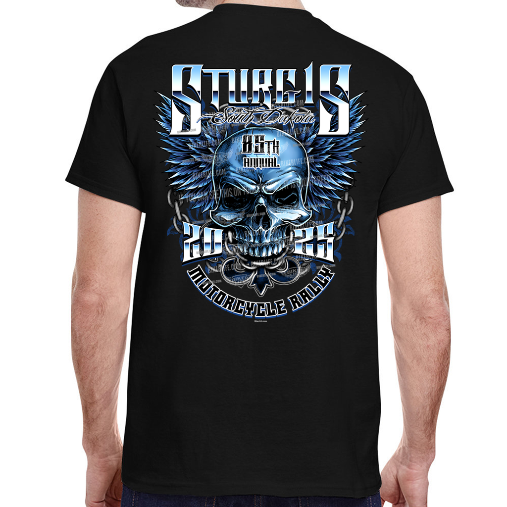 2025 Sturgis Motorcycle Rally Blue Winged Skull T-Shirt