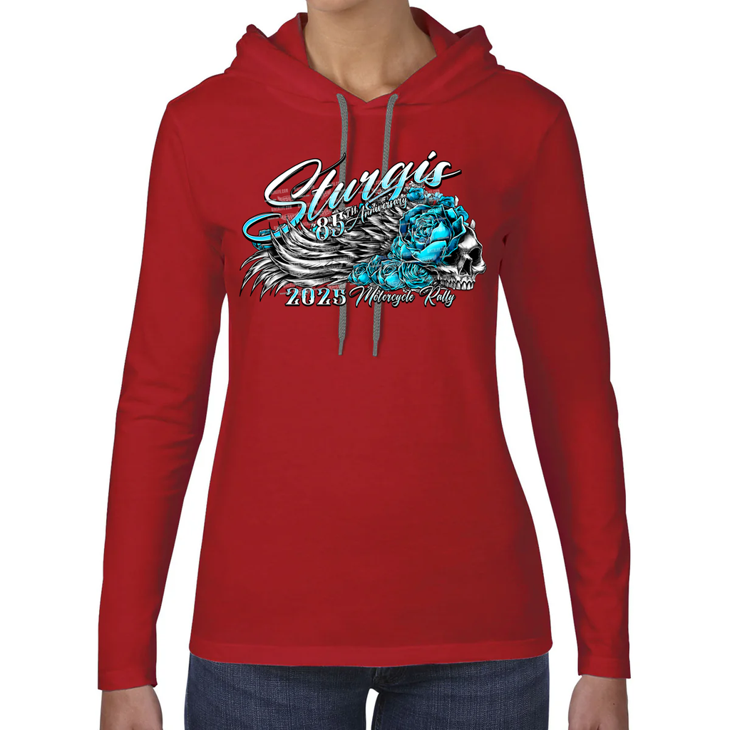 Ladies 2025 Sturgis Motorcycle Rally Rose Skull Wings Long Sleeve Hoodie