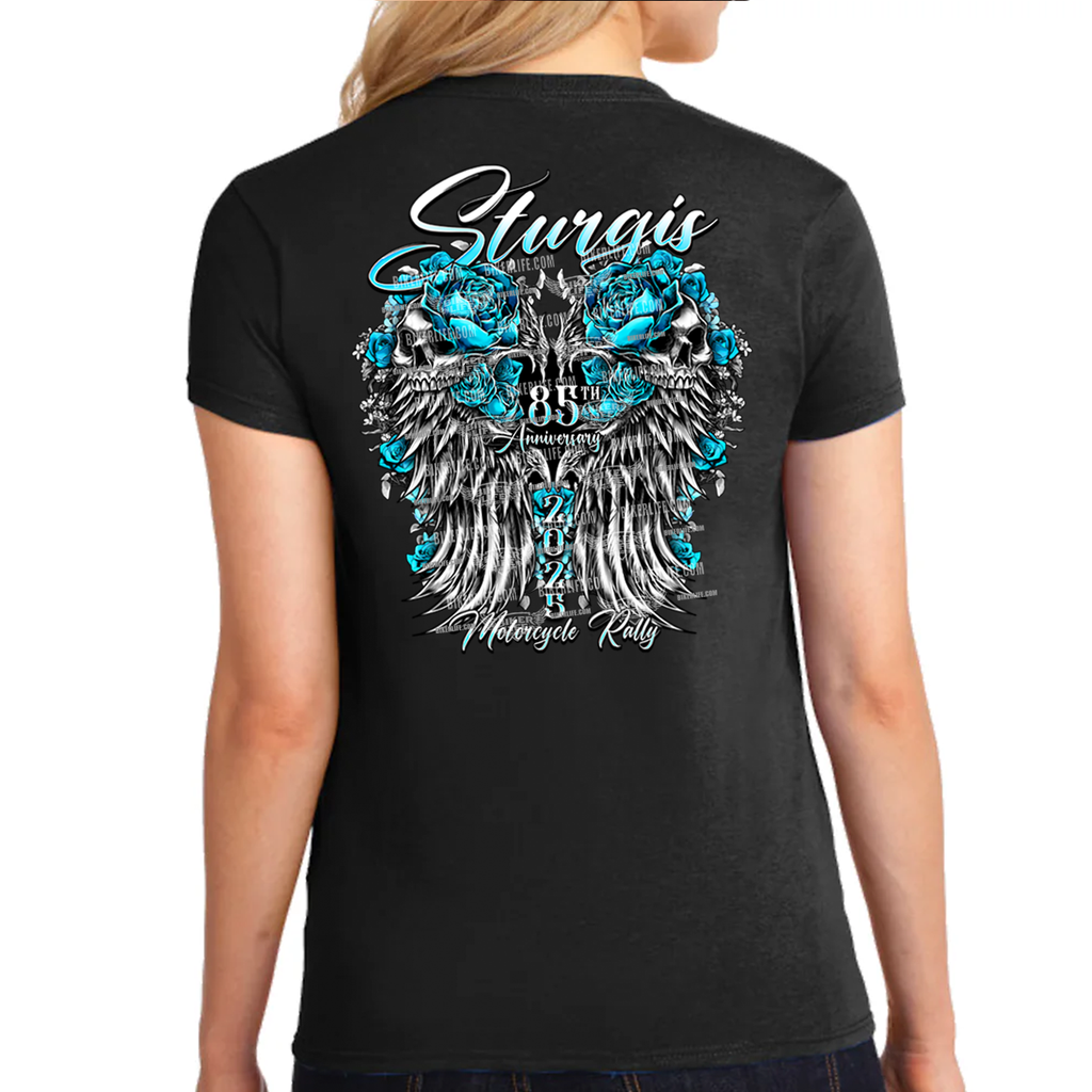 Ladies Missy Cut 2025 Sturgis Motorcycle Rally Rose Skull Wings T-Shirt