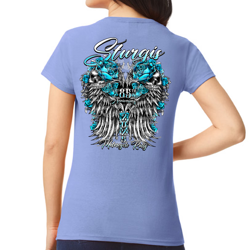 Ladies Missy Cut 2025 Sturgis Motorcycle Rally Rose Skull Wings T-Shirt