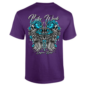 Ladies 2024 Bike Week Daytona Beach Rose Skull Wings T-Shirt